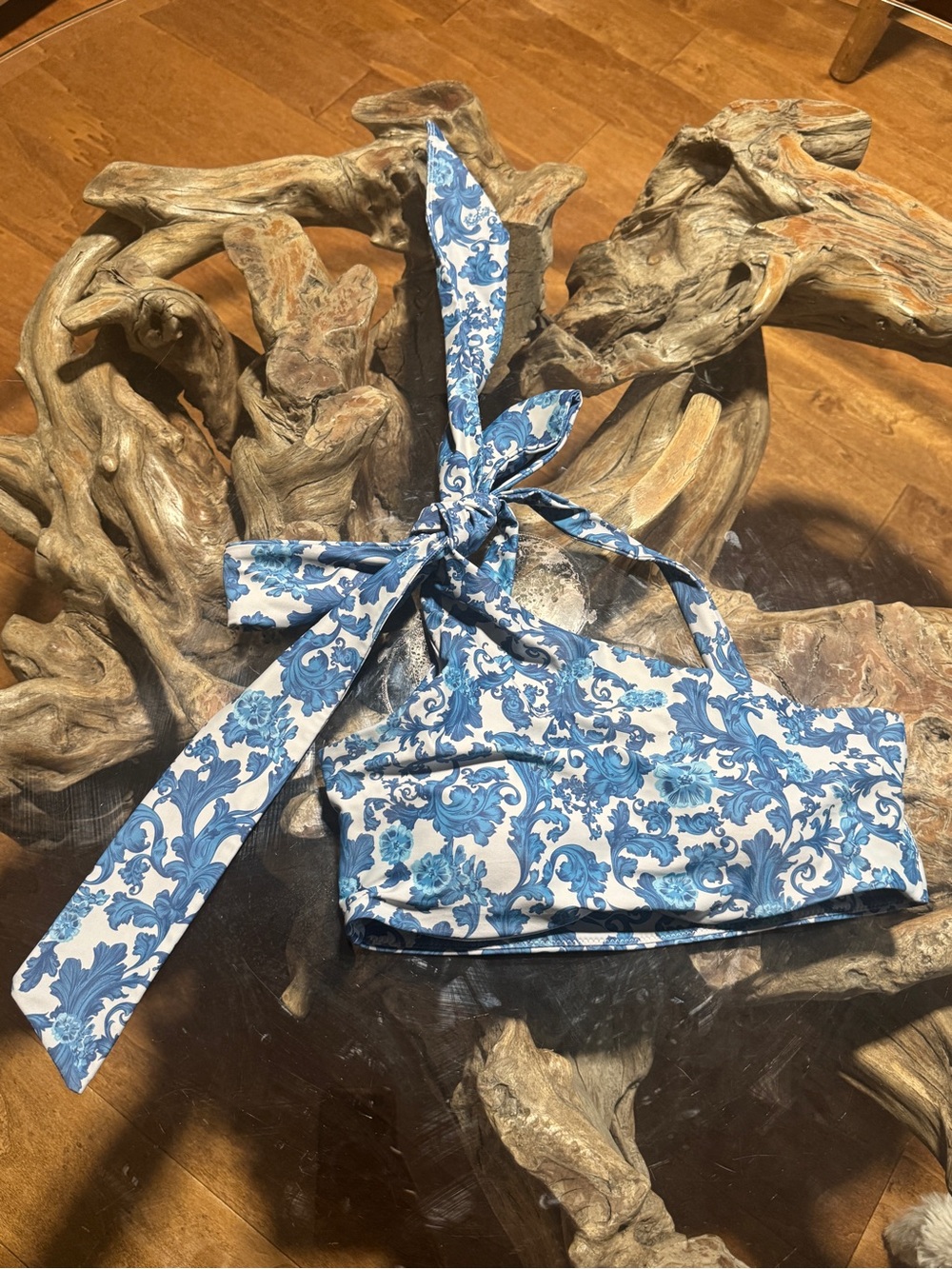 summersalt Blue and White Floral One-Shoulder Bikini Top